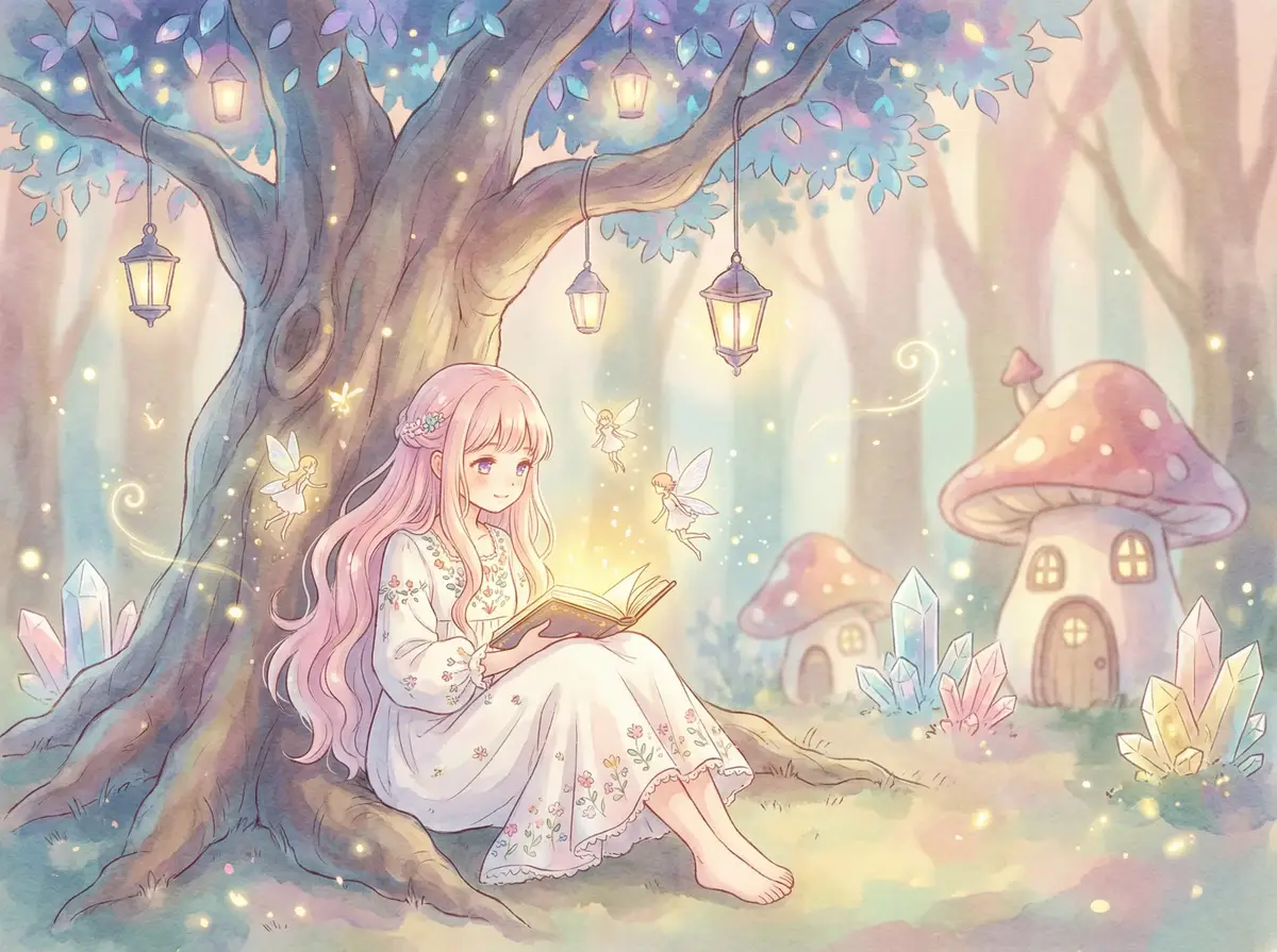 张桑悦 - 魔法森林中阅读故事书的粉发少女与精灵
